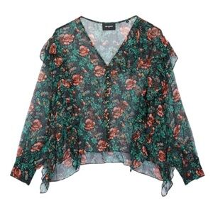 The Kooples Silk Floral Ruffle Blouse Sheer Poppy Field Print Romantic Top